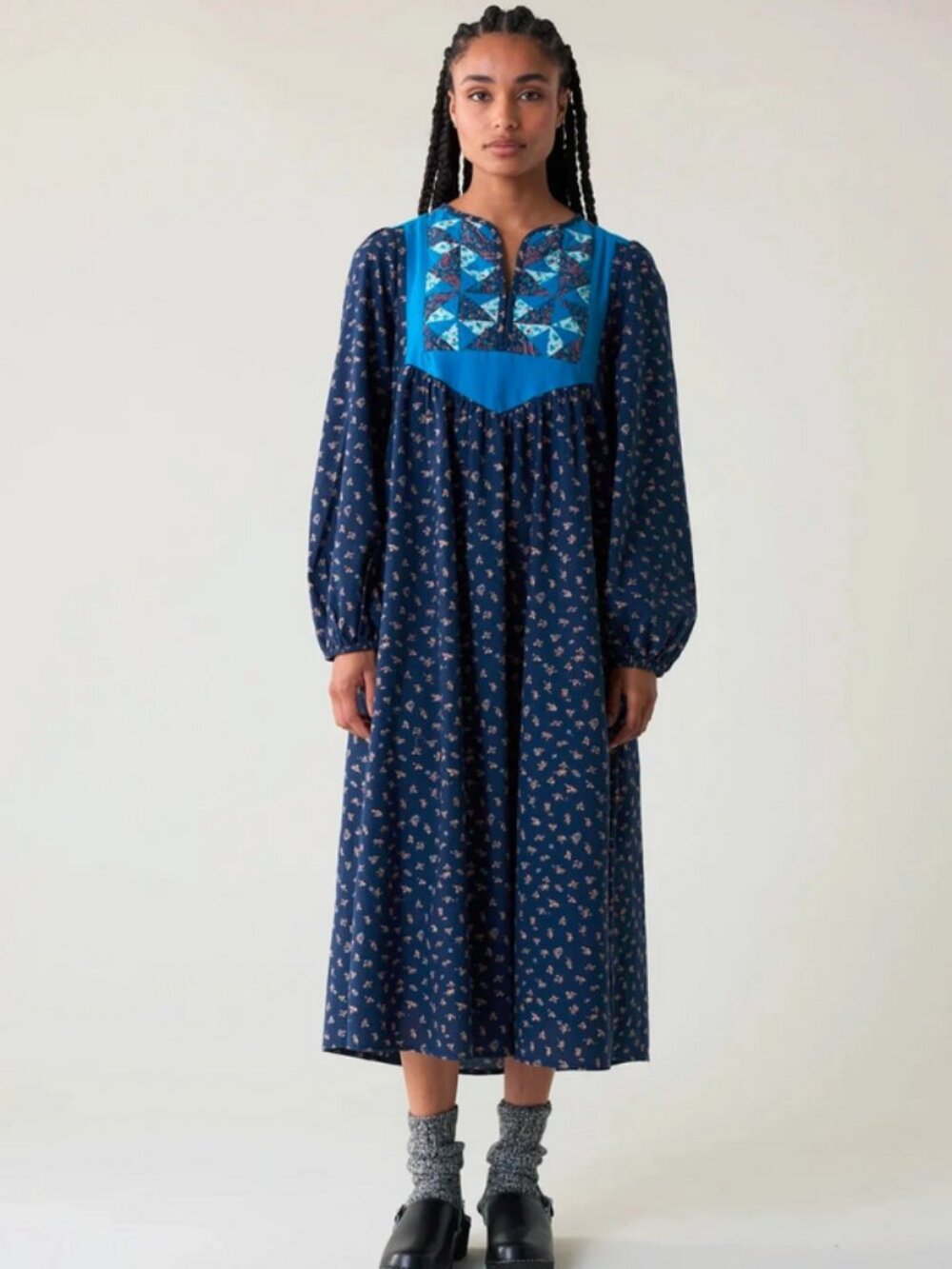 Leon & Harper Robe Roman Bellis Floral Printed Blue Round Neck Midi Dress L
